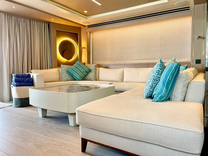  Yacht Photos Pics Luxurious Sunseeker 88 Yacht 2022 interior with elegant seating and modern decor.