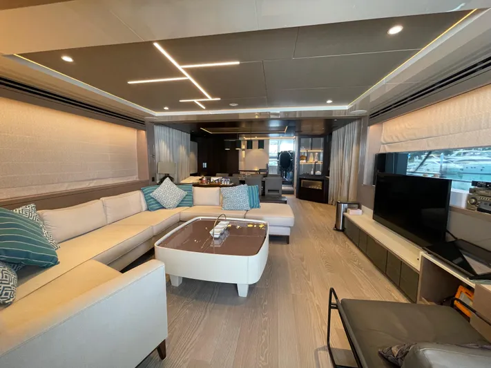  Yacht Photos Pics Luxurious interior of 2022 Sunseeker 88 Yacht with modern furnishings and elegant design.