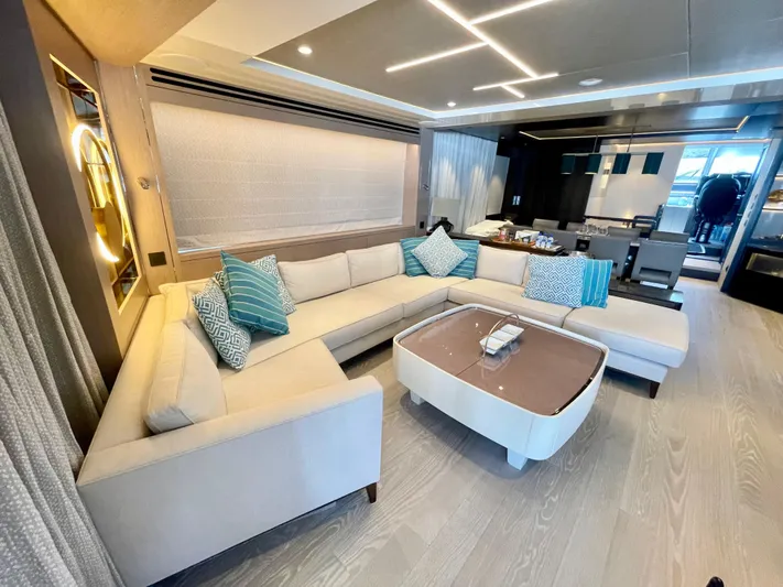  Yacht Photos Pics Luxurious interior of 2022 Sunseeker 88 Yacht with modern furnishings and elegant design.