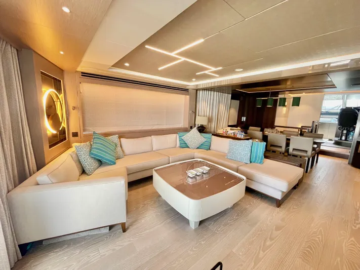  Yacht Photos Pics Luxurious interior of 2022 Sunseeker 88 Yacht with elegant seating and modern decor.