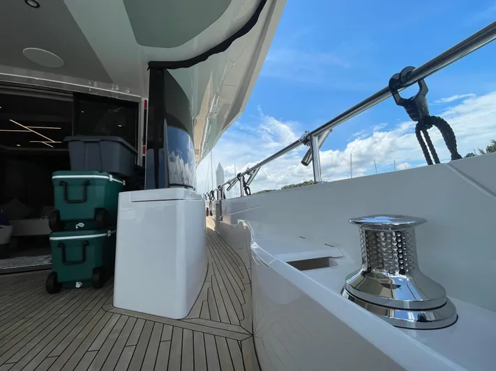  Yacht Photos Pics 2022 Sunseeker 88 Yacht deck with storage boxes and clear blue sky.