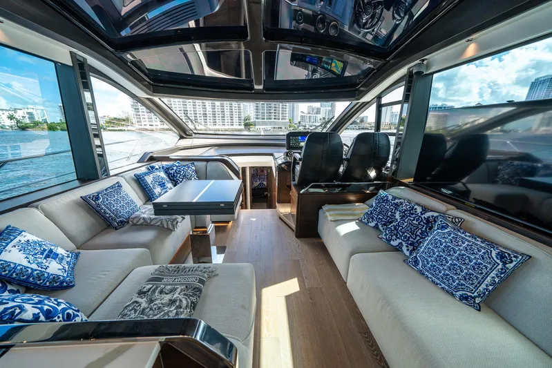 Lorena Yacht Photos Pics Luxurious interior of 2022 Sunseeker Predator 65 yacht with elegant seating and panoramic views.