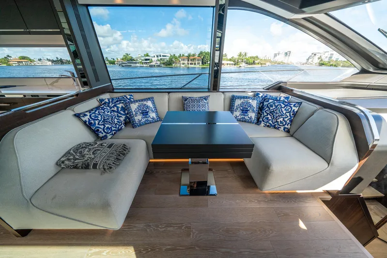 Lorena Yacht Photos Pics Luxurious interior of 2022 Sunseeker Predator 65 yacht with elegant seating and scenic views.
