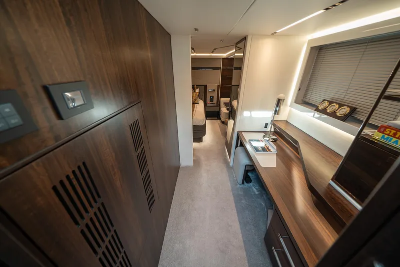 Lorena Yacht Photos Pics Luxurious interior of 2022 Sunseeker Predator 65 yacht with modern furnishings and elegant design.