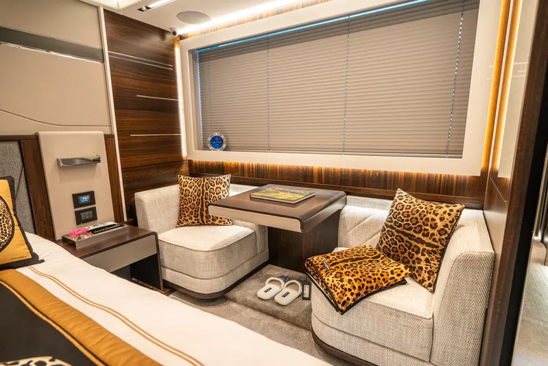 Lorena Yacht Photos Pics Luxurious interior of 2022 Sunseeker Predator 65 yacht with elegant seating and leopard print accents.