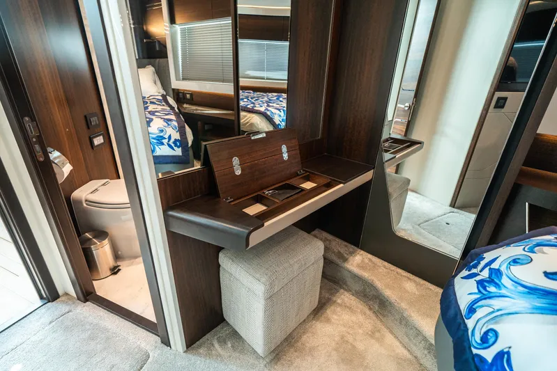 Lorena Yacht Photos Pics Luxurious interior of 2022 Sunseeker Predator 65 yacht with elegant vanity and plush bedding.