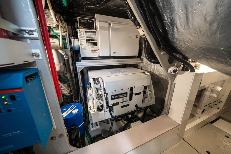 Lorena Yacht Photos Pics Engine room of 2022 Sunseeker Predator 65 yacht with advanced equipment and systems.