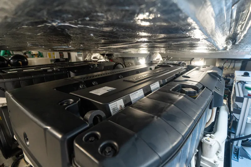 Lorena Yacht Photos Pics Engine room of 2022 Sunseeker Predator 65 yacht, featuring Volvo Penta engines.