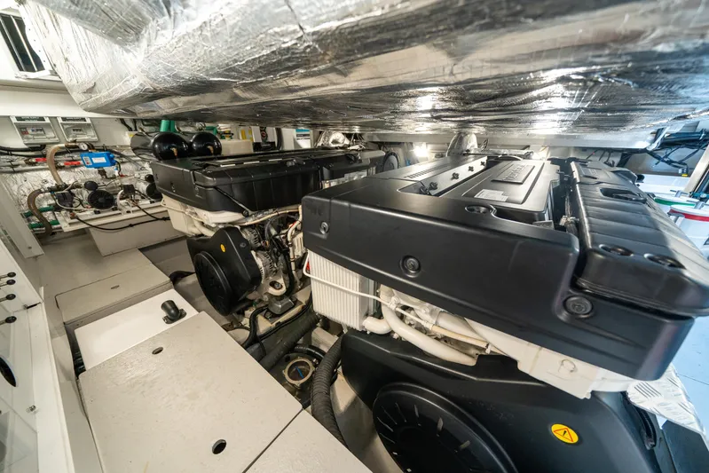 Lorena Yacht Photos Pics Engine room of 2022 Sunseeker Predator 65 yacht, showcasing advanced machinery and components.