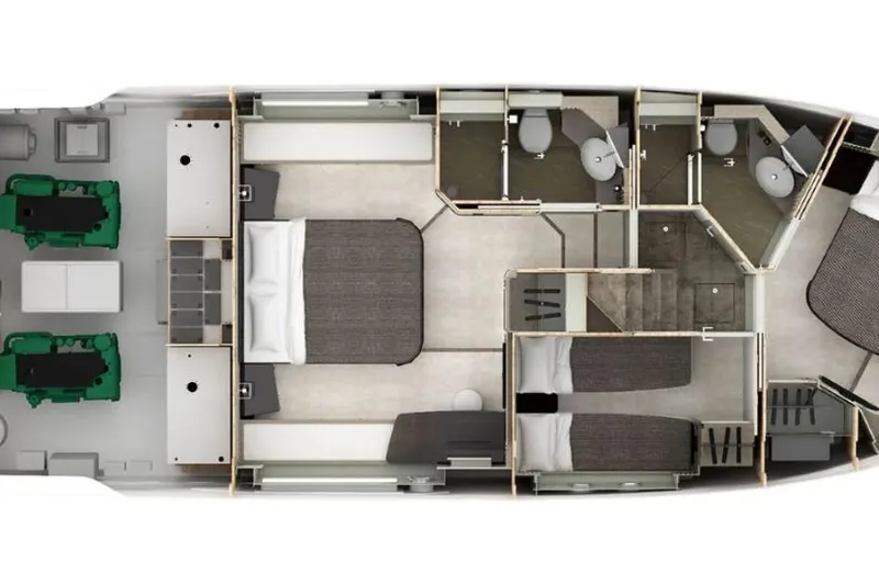  Yacht Photos Pics 2024 Absolute NAVETTA 52 yacht interior layout with bedrooms, bathrooms, and engine room.