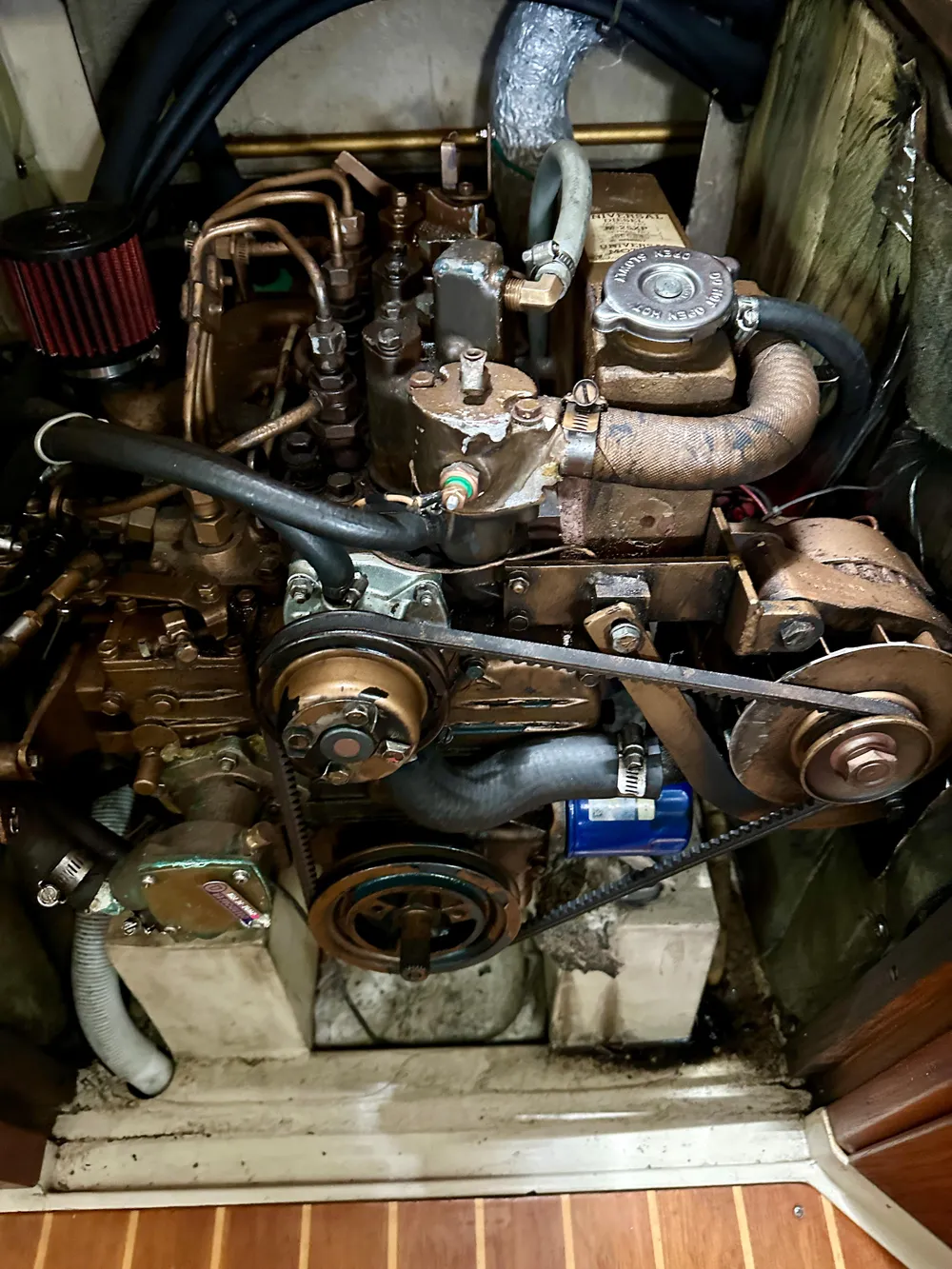 Engine compartment of a 1987 Catalina 34 sailboat.