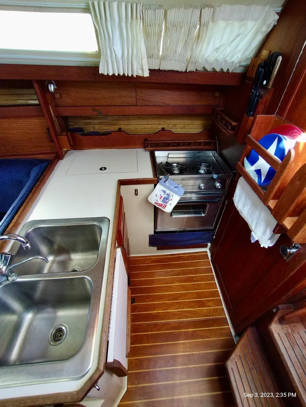 Interior of Catalina 34 yacht kitchen, 1987 model.