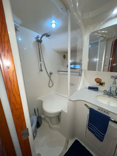 Pal'party Yacht Photos Pics 2000 Sea Ray 450 Express Bridge bathroom with shower, sink, and toilet.
