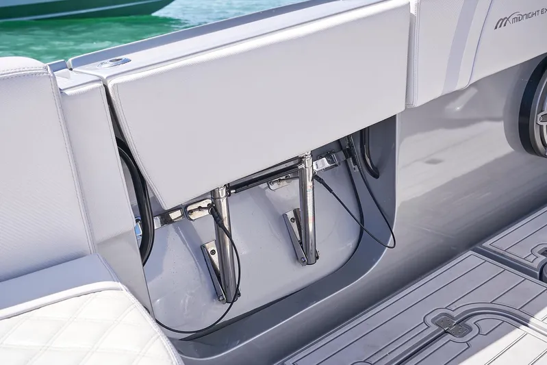  Yacht Photos Pics 2020 Midnight Express 37' Open boat interior detail with hydraulic components.