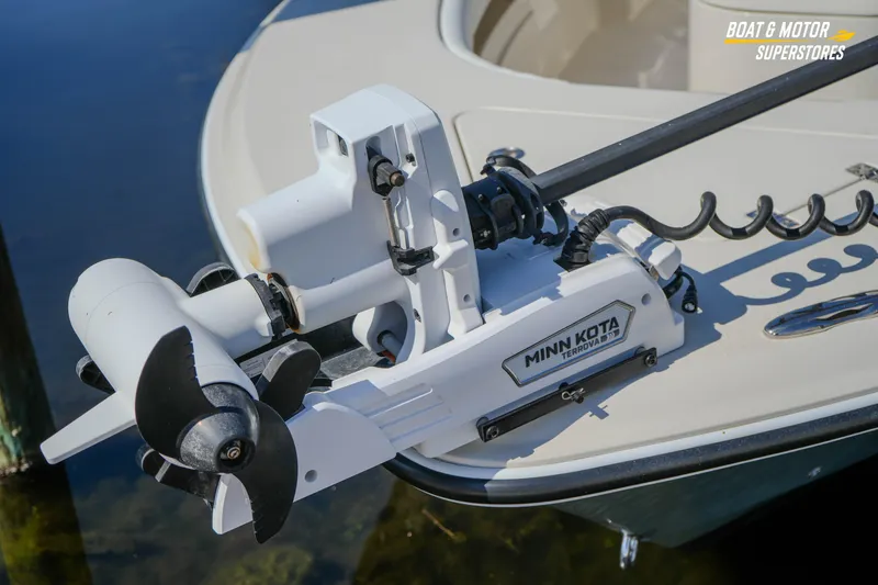  Yacht Photos Pics Minn Kota Terrova motor on boat, close-up view, 2016 model.