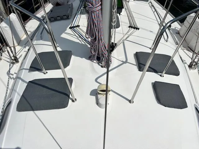 Mockingbird Yacht Photos Pics Deck of 2001 Dufour Gib'Sea 43 sailboat with cushions and rigging.