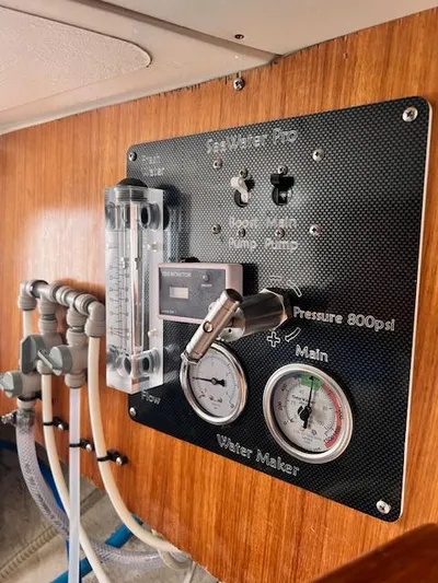 Mockingbird Yacht Photos Pics Control panel of a 2001 Dufour Gib'Sea 43 sailboat water maker system.