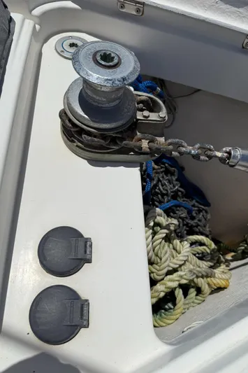 Mockingbird Yacht Photos Pics Anchor winch and ropes on 2001 Dufour Gib'Sea 43 sailboat deck.