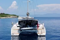 Luxury Privilege 515 catamaran sailing in calm waters, 2010 model.