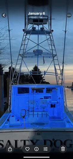 Salty Dog Yacht Photos Pics A 1993 Young Brothers 38 boat named "Salty Dog" with blue interior lighting at sunset.