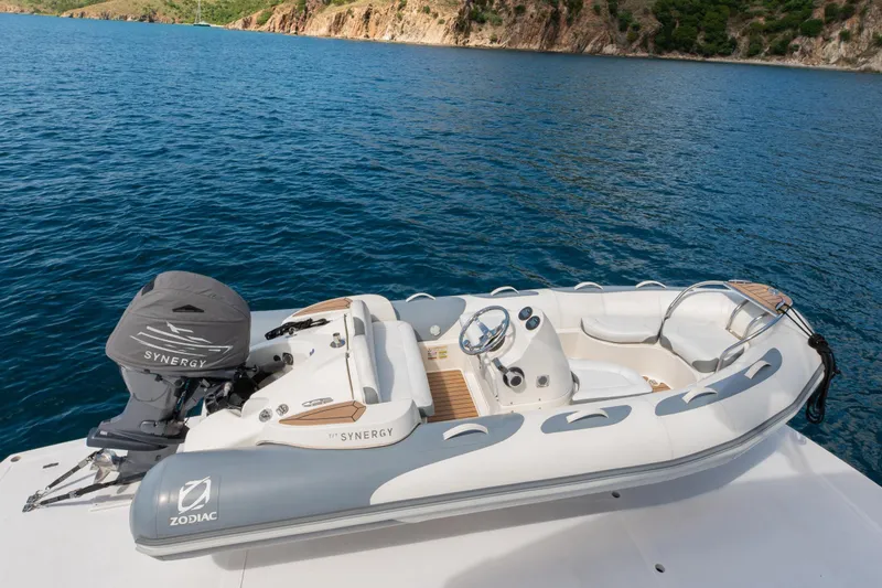  Yacht Photos Pics Inflatable Zodiac boat on Sunseeker 86 Yacht, 2017 model, in scenic coastal waters.