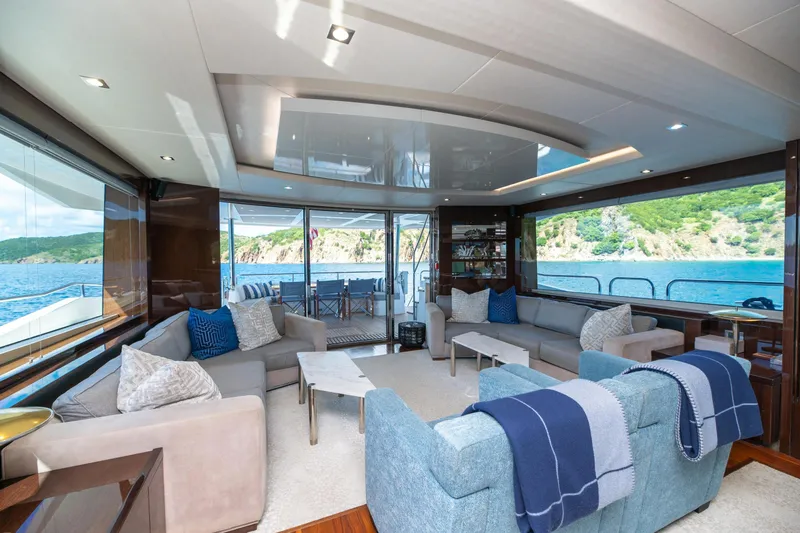  Yacht Photos Pics Luxurious interior of 2017 Sunseeker 86 Yacht with ocean view and elegant seating.