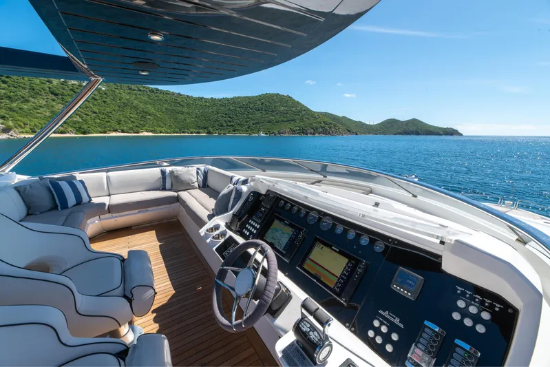  Yacht Photos Pics Luxurious 2017 Sunseeker 86 Yacht helm with ocean view and plush seating.