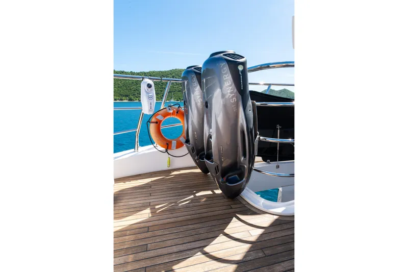  Yacht Photos Pics 2017 Sunseeker 86 Yacht deck with life preserver and water scooter.