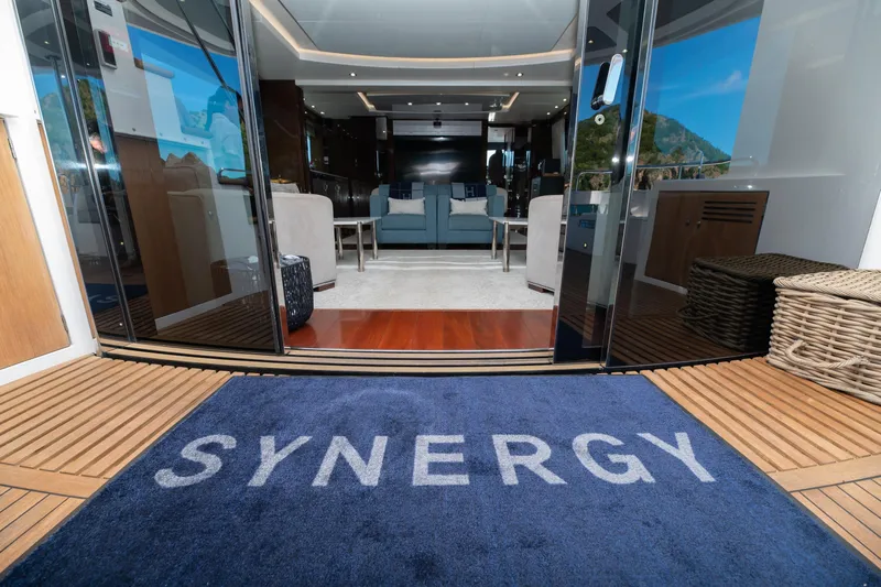  Yacht Photos Pics Luxurious interior of 2017 Sunseeker 86 Yacht with "Synergy" welcome mat.