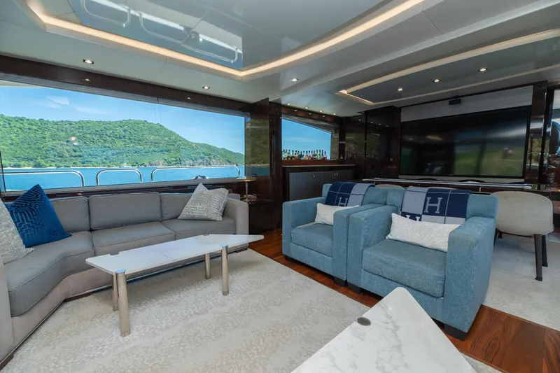  Yacht Photos Pics Luxurious interior of 2017 Sunseeker 86 Yacht with scenic ocean view.