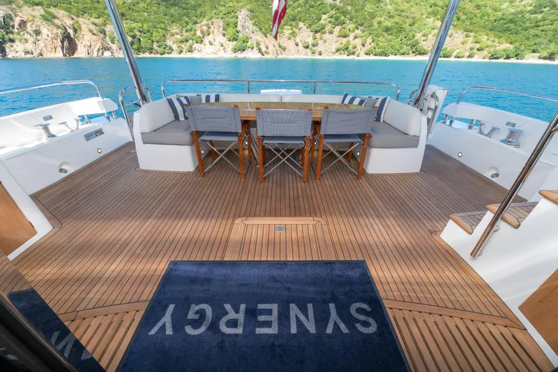  Yacht Photos Pics Luxurious Sunseeker 86 Yacht 2017 deck with elegant seating and scenic ocean view.