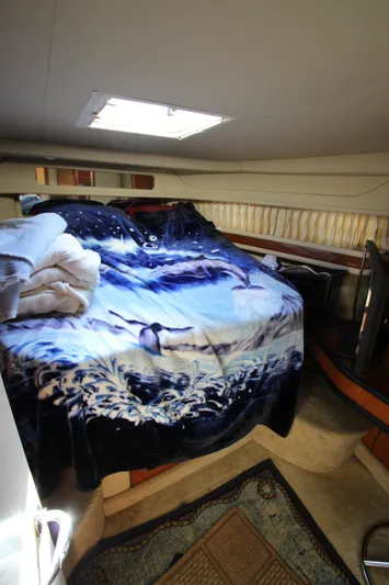  Yacht Photos Pics Cozy cabin interior of 2001 Sea Ray 460 Sundancer with nautical-themed bedding.