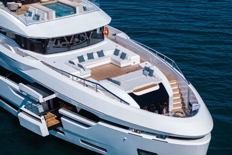  Yacht Photos Pics Luxurious 2025 Baglietto DOM 133 yacht with spacious deck and elegant design on the water.