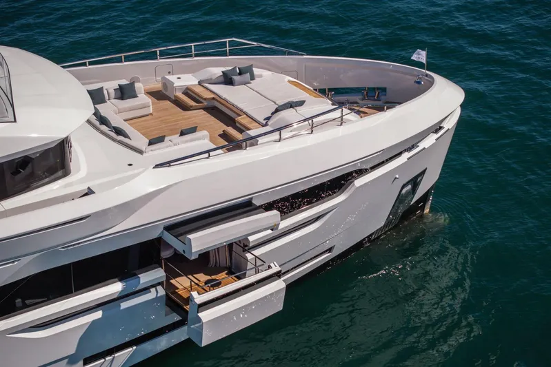  Yacht Photos Pics Luxurious 2025 Baglietto DOM 133 yacht with spacious deck and modern design.