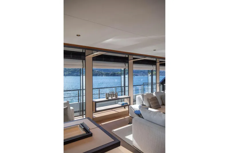  Yacht Photos Pics Luxurious interior of 2025 Baglietto DOM 133 yacht with stunning ocean view.