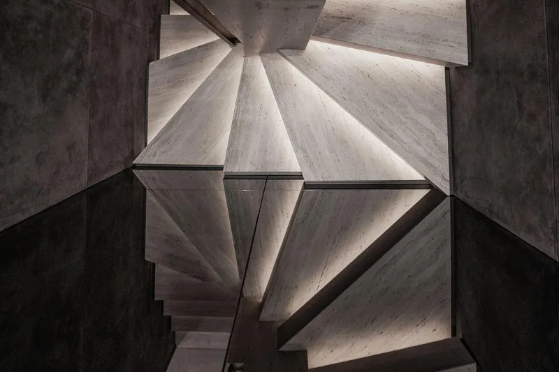  Yacht Photos Pics Futuristic interior design with geometric patterns and lighting on Baglietto DOM 133 yacht, 2025.