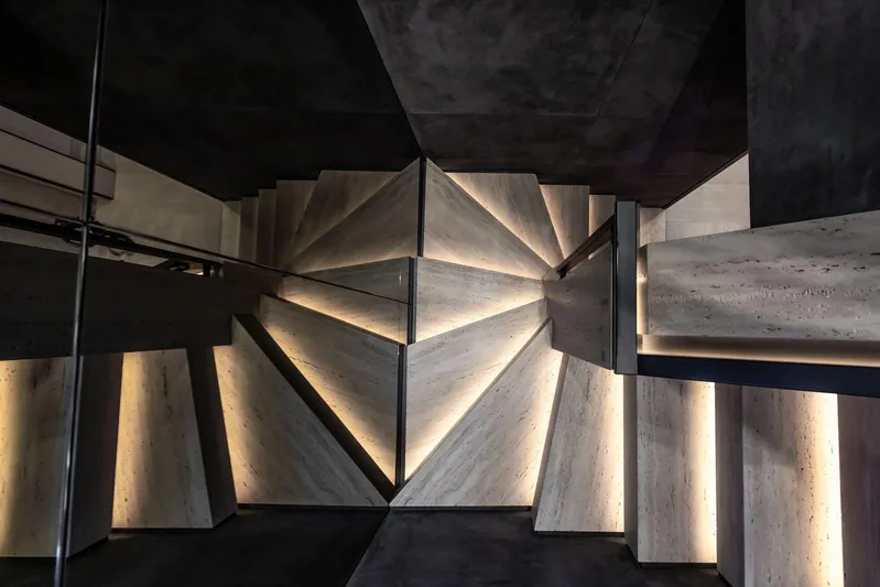  Yacht Photos Pics Futuristic interior design with geometric patterns and ambient lighting on Baglietto DOM 133 yacht.