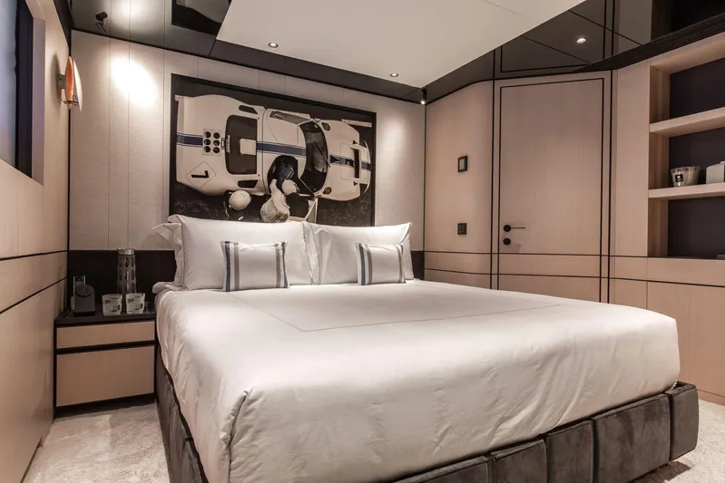  Yacht Photos Pics Luxurious bedroom interior on Baglietto DOM 133 yacht, featuring modern design and elegant decor, 2025 model.