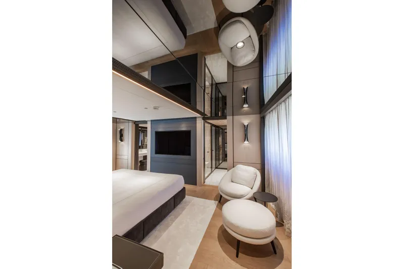  Yacht Photos Pics Luxurious interior of 2025 Baglietto DOM 133 yacht with modern furnishings and elegant design.