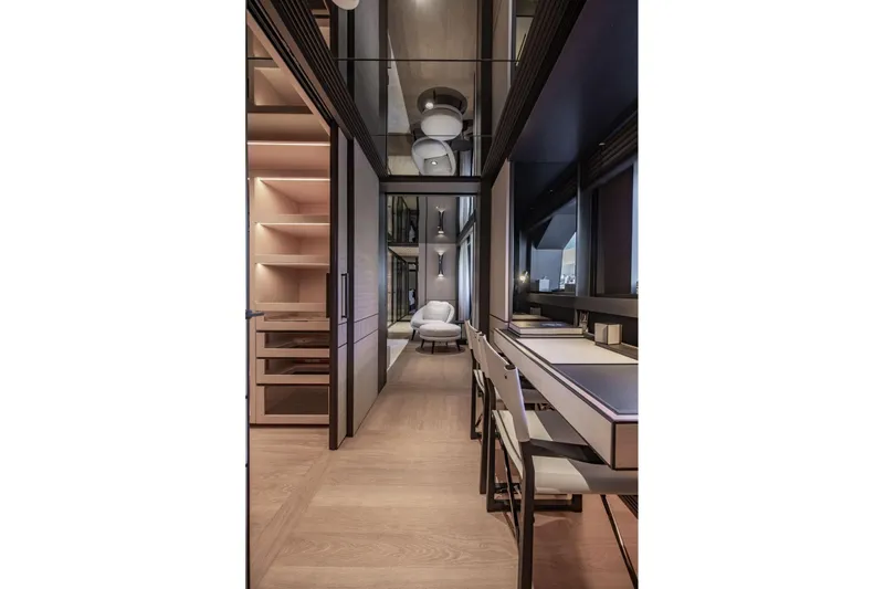  Yacht Photos Pics Luxurious interior of 2025 Baglietto DOM 133 yacht, featuring modern design and elegant furnishings.