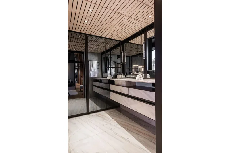  Yacht Photos Pics Luxurious interior of 2025 Baglietto DOM 133 yacht with modern design and elegant finishes.