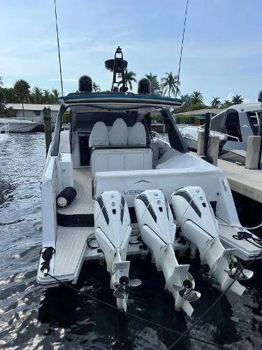 No Name Yacht Photos Pics 2024 Azimut Verve 42 yacht docked with triple outboard engines.