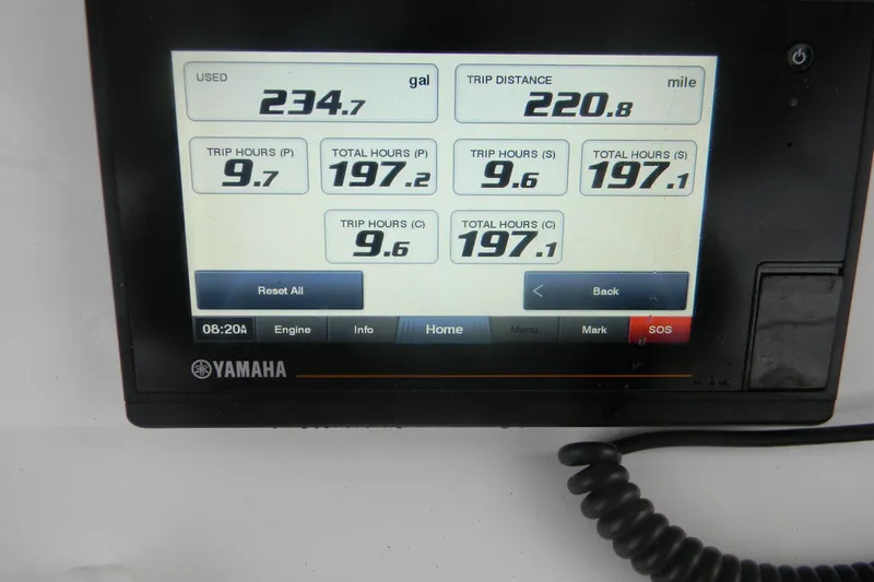  Yacht Photos Pics Yamaha display showing fuel usage and trip data for 2022 Contender 39 ST boat.