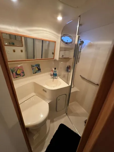  Yacht Photos Pics Bathroom interior of 1996 Sea Ray 400 Sedan Bridge yacht, featuring shower and toilet.