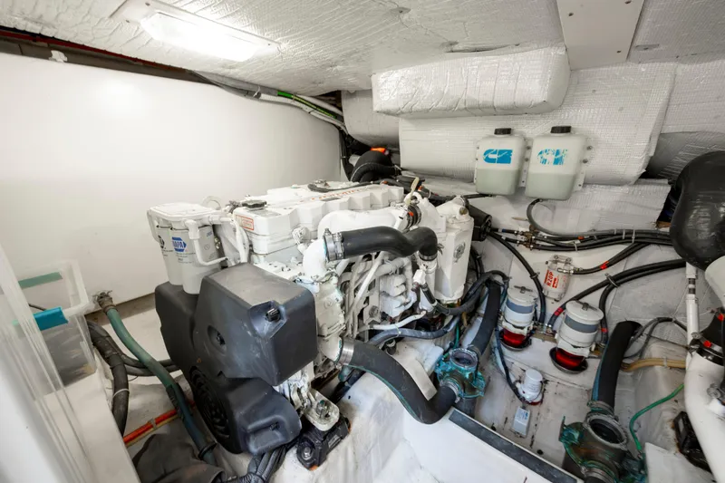  Yacht Photos Pics Engine room of 2009 Sabre 42 Express yacht, showcasing mechanical components and systems.
