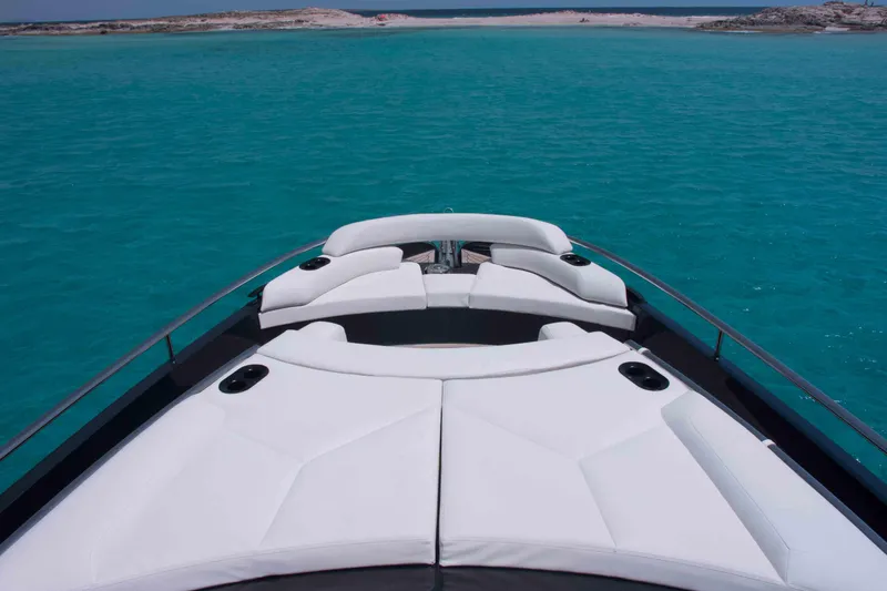 Celebrate Life Yacht Photos Pics Bow view of 2021 Steeler Bronson 50 yacht on turquoise waters.