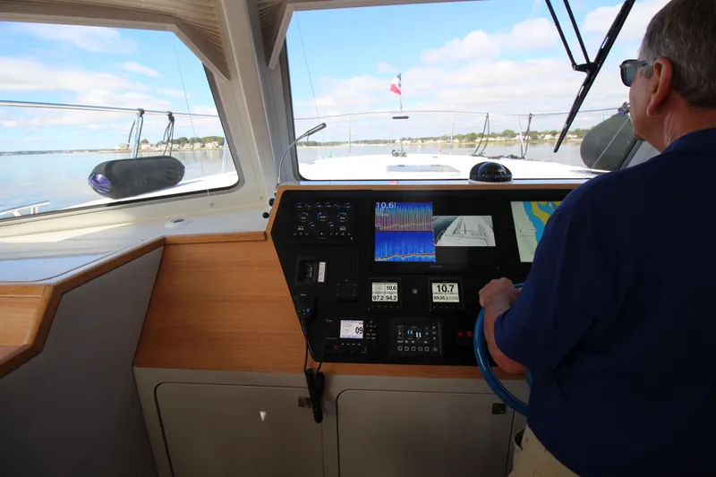 Build To Order Yacht Photos Pics Helm of Chris White Spindrift 47 yacht, 2026 model, with navigation displays.