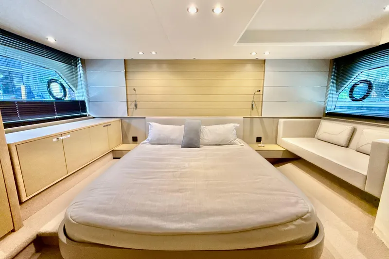 Il Capo Yacht Photos Pics Luxurious 2017 Princess V58 yacht bedroom with modern design and elegant furnishings.