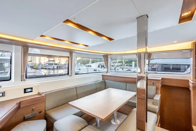 Clearlake III Yacht Photos Pics Luxurious interior of 2021 Lagoon 46 catamaran with spacious seating and modern design.