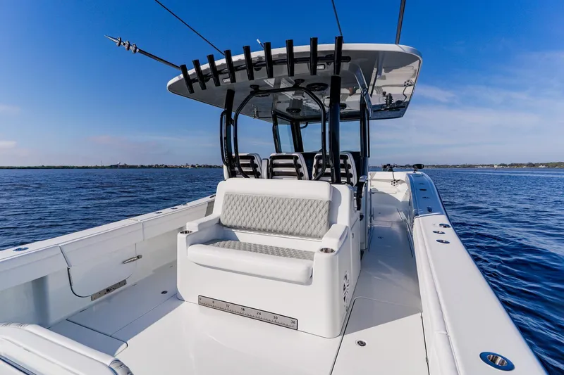  Yacht Photos Pics 2024 Costa Custom Boats 34SV on open water, showcasing sleek design and spacious seating.